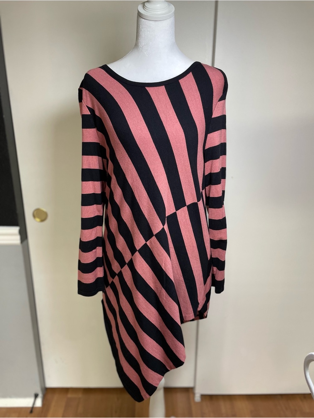 Striped Pink and Black Asymmetric Long-Sleeve Dress